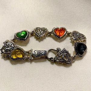 Silver heart chain bracelet, multicolored heart stones